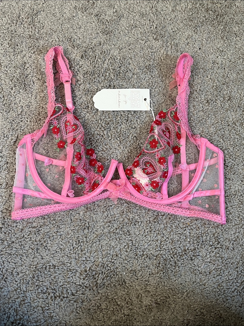 For Love and Lemons Dolly Heart Pink Floral Embroidered Underwire Bra 34C NWT